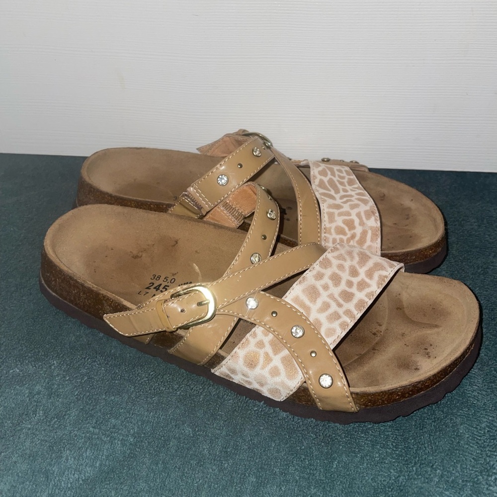 Betula by Birkenstock Sandals Women's US 7 Tan Animal Print Rhinestone Buckle